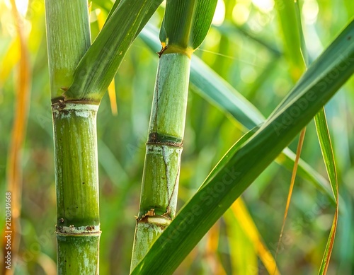 Fresh Sugarcane Stalks on Soft Green Background, Natural Organic Cane Crop for Healthy Juice, Agriculture and Tropical Farming Concept