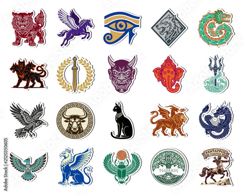 Set of Mythical Creature Stickers Featuring Dragon Pegasus Phoenix and Ancient Symbols for Creative Design Projects