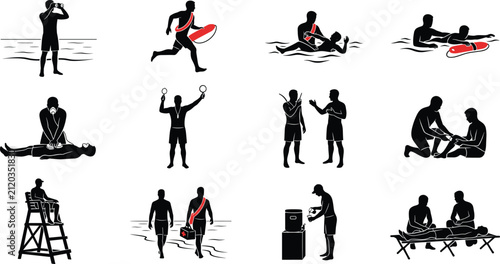 Canvastavla Lifeguard Beach Safety and Water Rescue Silhouette Set Featuring CPR First Aid a