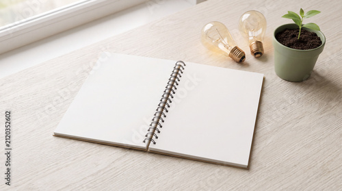 Blank notebook and pen for green energy planning and sustainability