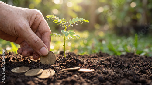 Hand planting a coin and seedling representing money saving and sustainable growth