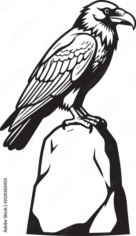 Obraz premium A bold raven perched atop a rugged stone, its watchful gaze fixed on the horizon. A classic woodcut illustration exuding a sense of strength and vigilance.