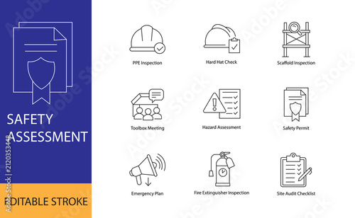 Safety Assessment Icon Set - Editable Stroke Line Icons for industrial PPE inspection, hazard assessment, emergency plan, and site audit