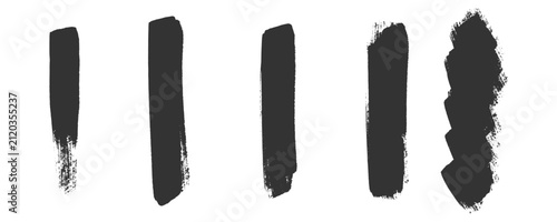 Black oil brush stroke paint set features vertical hand drawn thick canvas texture marks. Raw distress wall swipe patch collection for urban streetwear layout background design clip art.