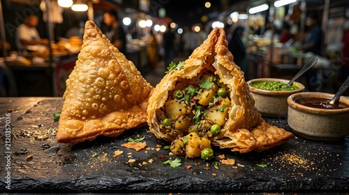 Crispy fried samosa with potato filling, traditional indian street food snack on slate, perfect for World Samosa Day