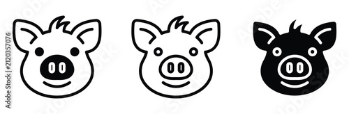 WebPig vector icon set. Piggy face, farm animal head, pork meat, and piggy bank symbol. Minimalist black silhouette, outline, and flat style design element. Vector Illustration.