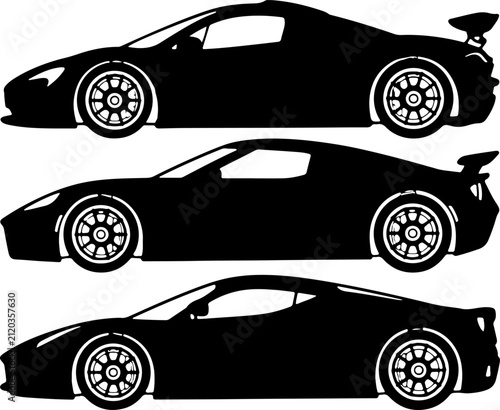 Collection of sleek sports car silhouettes and modern supercar side profile outlines for automotive design and racing graphics