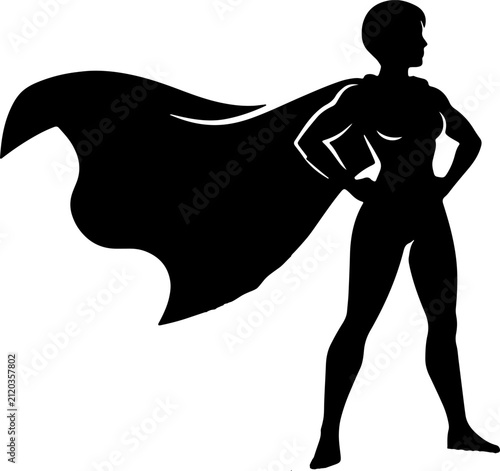 Foto Powerful Silhouette of a Confident Superwoman Standing in a Heroic Pose with a F