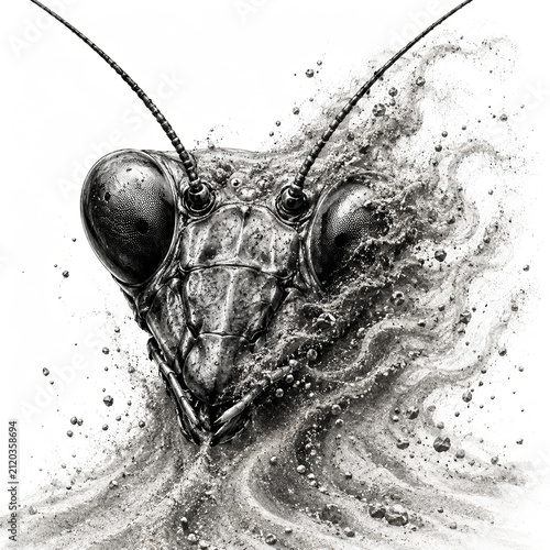 Surreal Praying Mantis Head Emerging from Flowing Sand – Charcoal Illustration