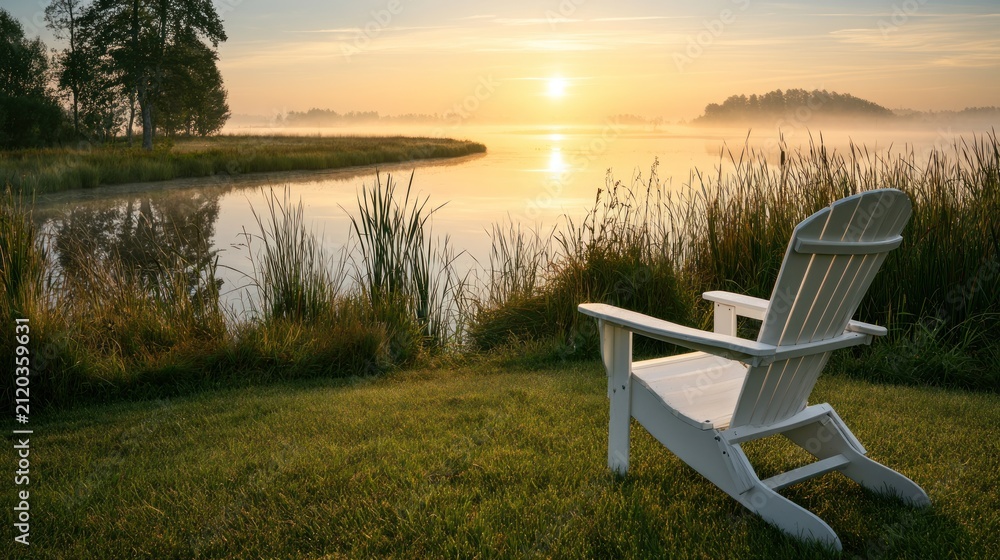 Fototapeta premium White adirondack chair on grassy shoreline at sunrise with misty lake