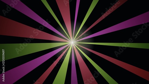 Abstract Radial Sunburst Background with Vibrant Purple and Green Light Rays on Black Backdrop