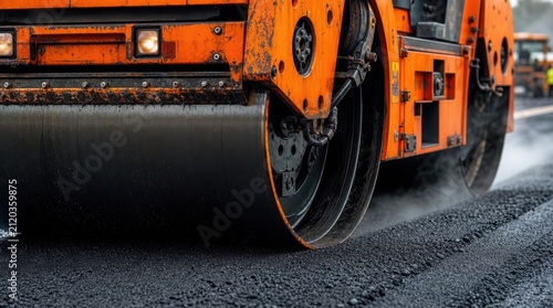 Close-up of an orange road roller compacting fresh asphalt on a newly paved road surface.