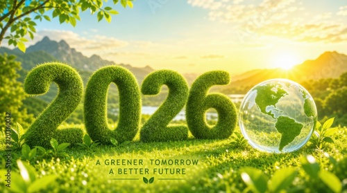 A vibrant landscape with '2026' shaped from green foliage and a transparent globe, symbolizing a greener tomorrow and a better future under a bright sunrise.
