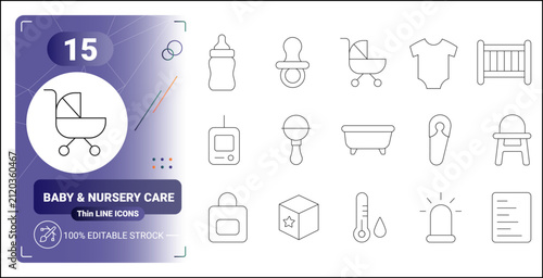 Baby and nursery care thin line icon set with stroller bottle pacifier crib bathtub and baby essentials