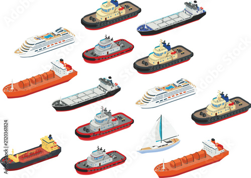 Isometric Maritime Vessel Collection with Cruise Ships Tugboats Cargo Ships and Sailboat Vector Set
