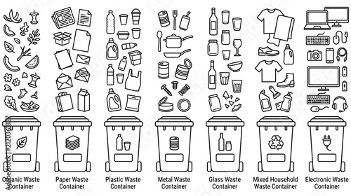 Bild auf Leinwand Waste management sorting icons for different types of recycle bins set