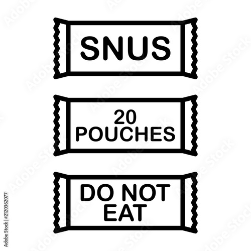 Line art vector set of smokeless tobacco portions with text labels including snus branding, pouch quantity and safety warning sign.