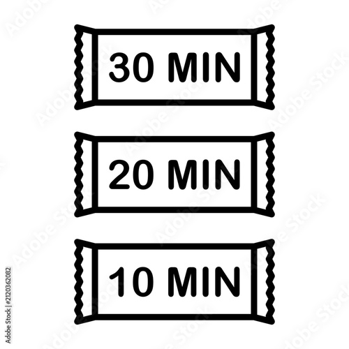 Vector line art illustration of tobacco portion packets with time limit indicators for holding nicotine pouches under lip.