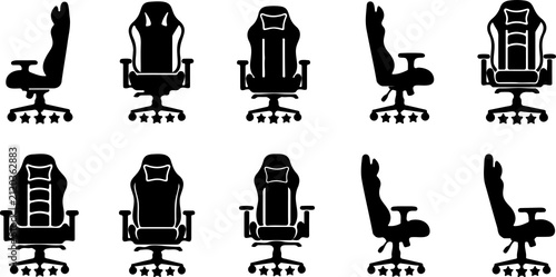 Office and gaming chair silhouettes collection, ergonomic furniture concept, minimal black vector illustration showing adjustable seats with headrests and armrests
