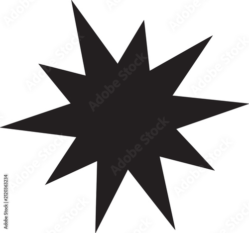 Solid black, twelve-pointed star shape with sharp, uneven triangular rays isolated on a plain white background