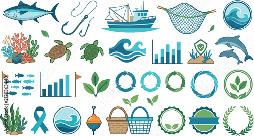 Quadro su tela Sustainable fishing and marine conservation vector icon set featuring commercial