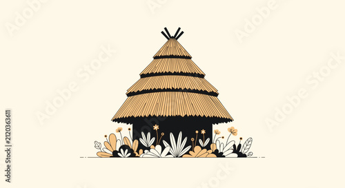 Traditional round African thatched hut with a straw roof surrounded by desert plants and flowers on a warm yellow background.