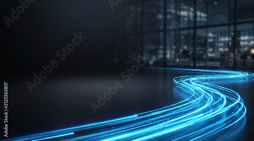 Abstract technology background with blue light trails. Digital data flow in modern office.