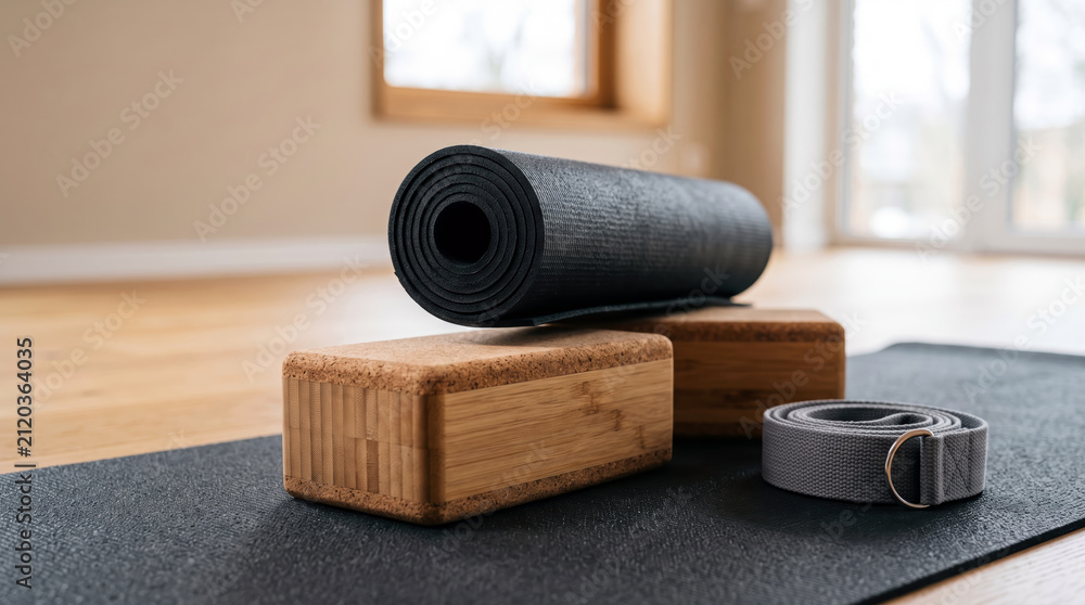 Obraz premium Yoga equipment with rolled mat wooden blocks and strap in bright studio