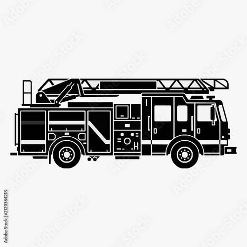 Foto Sleek Black and White Fire Truck with Extendable Ladder and Emergency Equipment