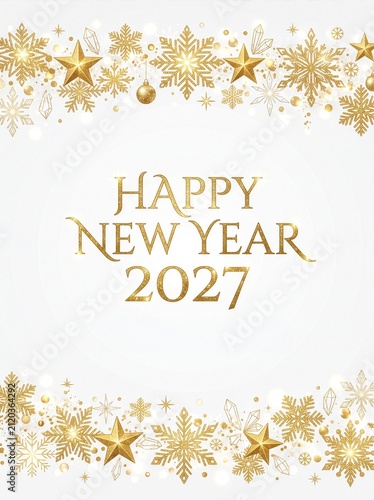 White and gold background with snowflakes, stars, and 