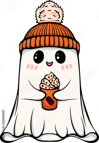 Cute kawaii ghost wearing a winter hat with pompom and holding a whipped cream coffee. Halloween character print. Simple vector color illustration with outline in hand drawn style isolated on white