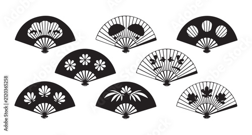 Set of decorative folding fans icons isolated on transparent background for home decor.