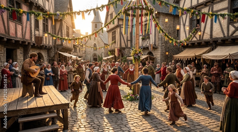 Obraz premium Medieval villagers dancing around maypole in town square. Man musician playing lute on wooden stage. Traditional spring celebration in ancient village. Folk culture and community festivity.