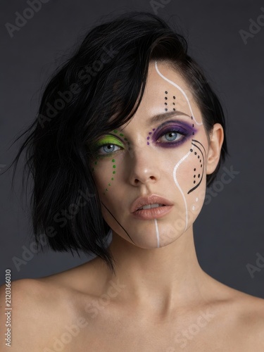 Artistic beauty portrait of woman with colorful face paint makeup and short black hair