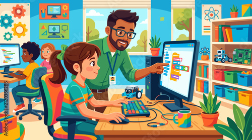 Teacher guiding children in coding class with robots and computers