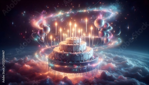 Fantasy Celestial Cake with Balloons and Galaxy Swirl Above the Clouds