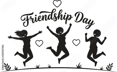 Jumping figures silhouette with friendship day text on white background