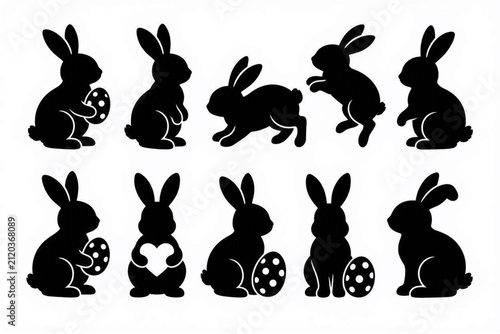 Easter bunny silhouette set. Collection of black rabbit icons for spring holiday design.
