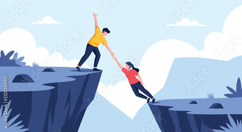 Strong man reaching out to help a young woman climb up a steep cliff, symbolizing teamwork, support, and friendship.