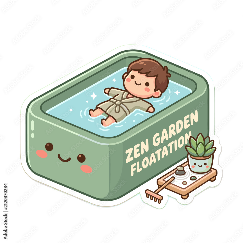 Fototapeta premium Cute Boy Relaxing in Zen Garden Floatation Bath with Succulent Plant