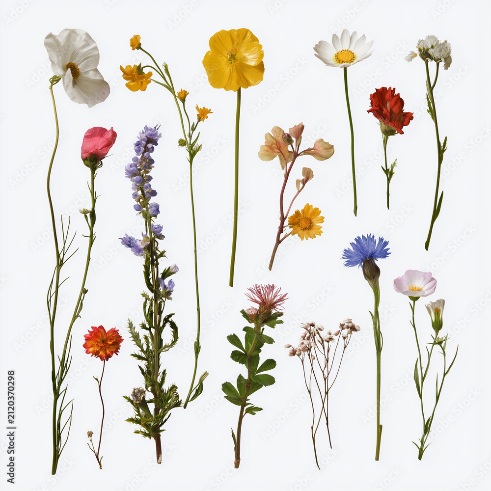 Fototapeta premium Diverse wildflower collection isolated against clean white background with showcases carefully arranged collection fourteen distinct wildflowers vibrant colors