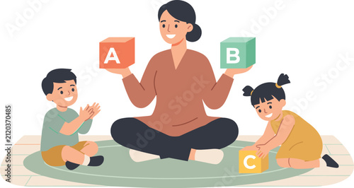 Mother teaching children alphabet blocks ABC at home, early childhood education activity with kids learning letters in flat vector illustration