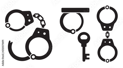 Fotografie Detailed handcuffs and key silhouette collection for legal and criminal justice graphics