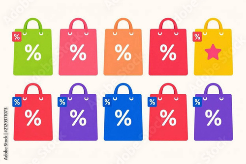 Colorful shopping bags with discount signs. Retail sale icons for marketing and promotion.