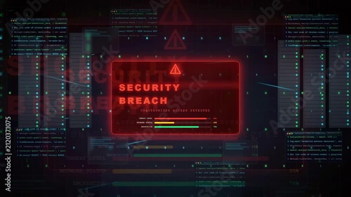Futuristic Cyber Security Breach Alert Warning on Digital HUD Interface with Server Data