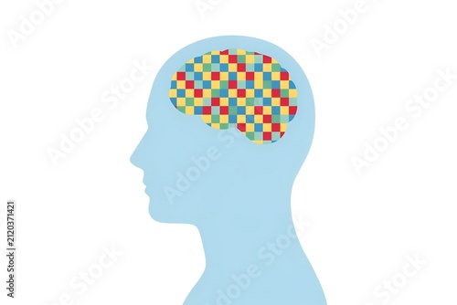 Human head profile silhouette with a colorful mosaic brain representing mental health and logic.