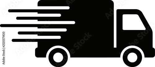 Black delivery truck icon with motion lines representing fast shipping and logistics isolated on white background, symbolizing transportation and express delivery in a minimalist graphic design