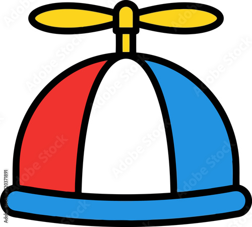 Colorful beanie hat with propeller in red, blue, and white isolated on white background, ideal for playful fashion, novelty headwear, or whimsical costume accessory illustrations