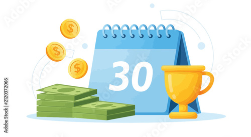 Bild auf Leinwand Business financial concept with calendar marked thirty representing monthly earnings income salary profit growth investment reward trophy stack cash pile bonus