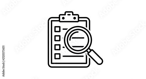 Black pictogram icon of clipboard checklist with magnifying glass evaluation symbol, clean minimal vector style, isolated on white background
